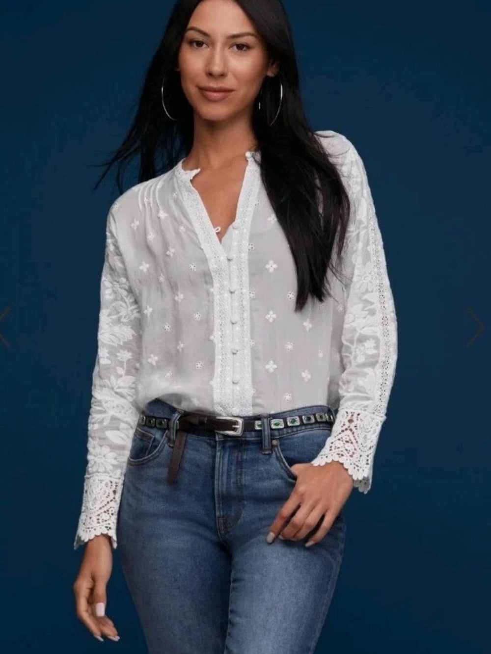 Johnny Was White Embroidered Lace-Trim Blouse